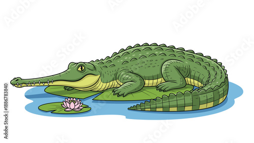 Detailed illustration of a green crocodile resting on large lily pads in blue water with a pink flower, showing swamp life in its natural home.