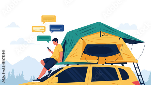 Mobile Camping Adventures Man Connected on Car Top Tent With Smartphone