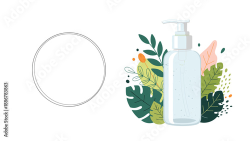 Clear plastic soap dispenser bottle with a pump top placed against a backdrop of colorful tropical leaves and an empty round frame for text.