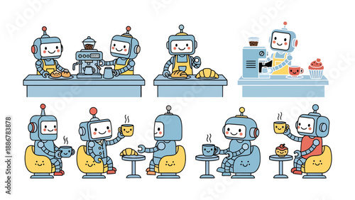 Robotic Cafe: A collection of cute robots involved in various aspects of a cafe setting. Each illustration highlights the interaction between robots and cafe elements