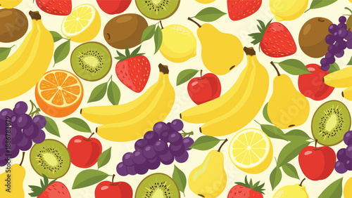 Colorful seamless fruit pattern featuring fresh bananas, strawberries, kiwis, grapes, apples, and citrus slices on a pale yellow background.