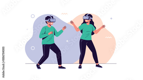 Boy and girl wearing virtual reality headsets having fun and interacting with digital environments in a stylized illustration.