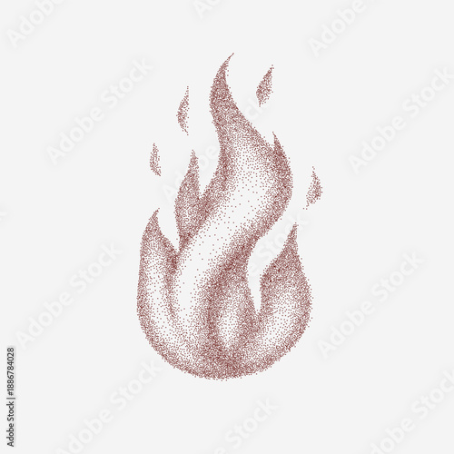 Red fire drawing with heavy grain, dark grit clusters, faint streaks of smoke lines, faded threshold edges and worn paper noise.