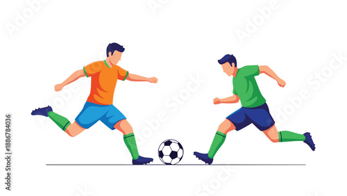Two professional male athletes in orange and green jerseys playing soccer and competing for the ball on a white background.