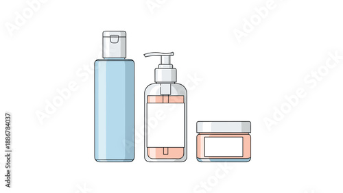 Trio of generic cosmetic packaging including a tall lotion bottle, a pump dispenser, and a small cream jar in soft blue and pink tones.