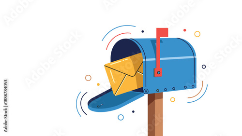 Classic blue mailbox standing on a wooden post with an open door and a yellow envelope ready to be sent or received.