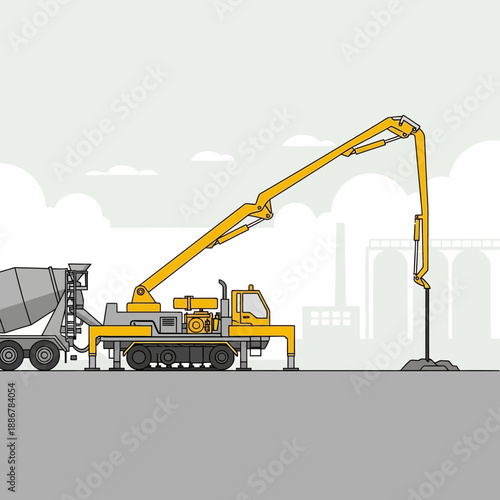 Modern Concrete Pump Truck At Construction Site Industrial Building Project