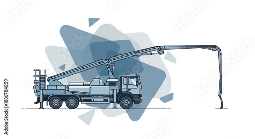 Modern Concrete Pump Truck At Construction Site Industrial Building Equipment Vector Illustration