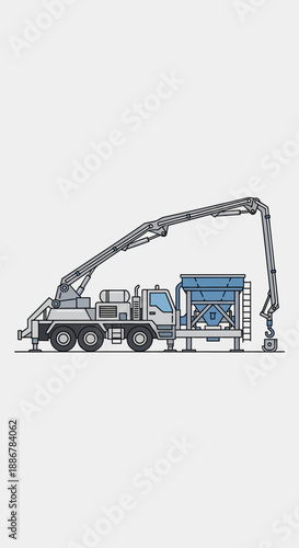 Modern Concrete Pump Truck At Construction Site Industrial Equipment Vector Illustration