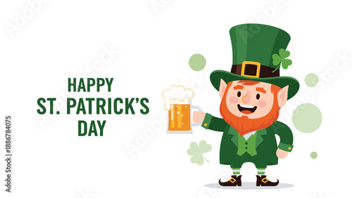 Joyful St. Patrick's Day celebration featuring a classic leprechaun character holding a mug of beer and wearing a green top hat.