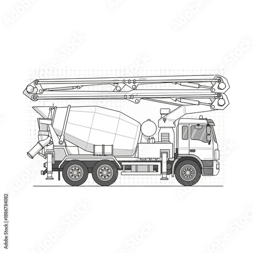 Modern Concrete Pump Truck Blueprint Illustration For Construction Projects And Sites