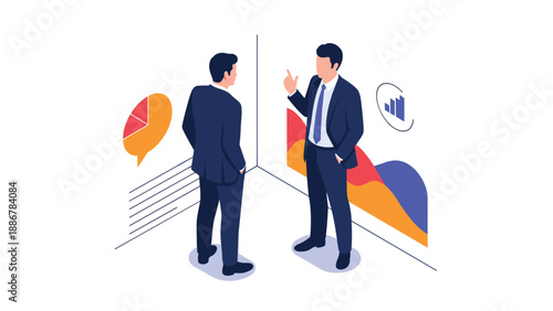 Two businessmen in professional suits standing in an office and discussing data shown on wall-mounted charts and graphs.