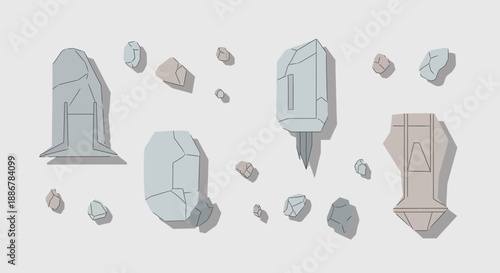 Modern Abstract Geometric Rock Formations With Stylized Cracks And Floating Debris Design