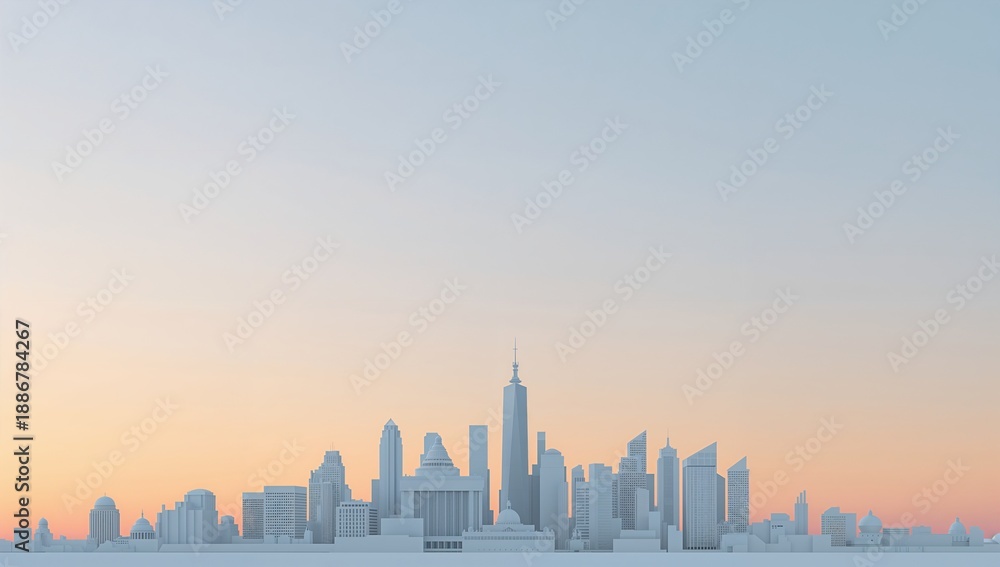 Fototapeta premium Serene City Skyline at Dawn with Soft Pastel Colors and Silhouettes