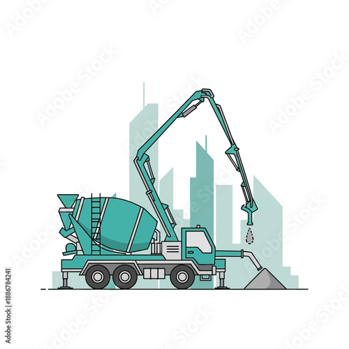 Modern Concrete Pump Truck Delivers Material On A Bustling Urban Construction Site