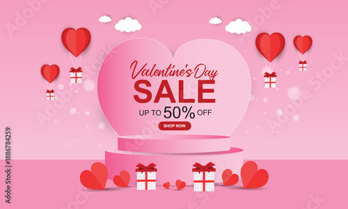 Valentine's Day sale background with pink cylinder podium and red hearts balloon flying for products display