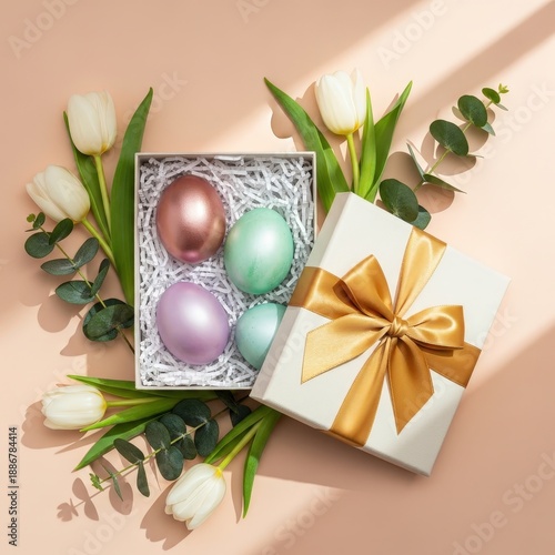 Wallpaper Mural Colorful Easter Eggs in Gift Box Surrounded by Flowers and Greenery on Table Torontodigital.ca