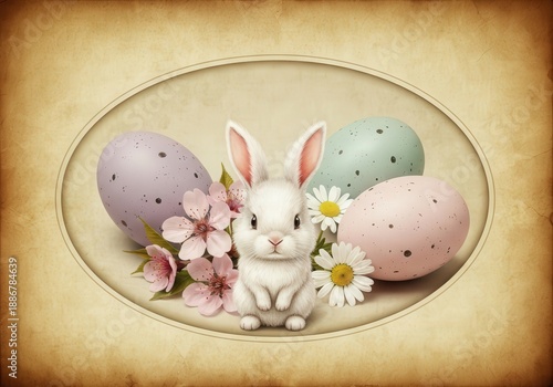 Wallpaper Mural Cute Bunny Surrounded by Colorful Easter Eggs and Spring Flowers on Vintage Background Torontodigital.ca