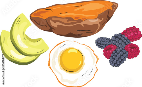 Fried egg, sweet potato, avocado, blackberry and raspberry for breakfast