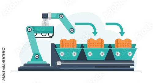 Modern Automated Production Line Featuring Robotic Arm And Conveyor System For Efficient