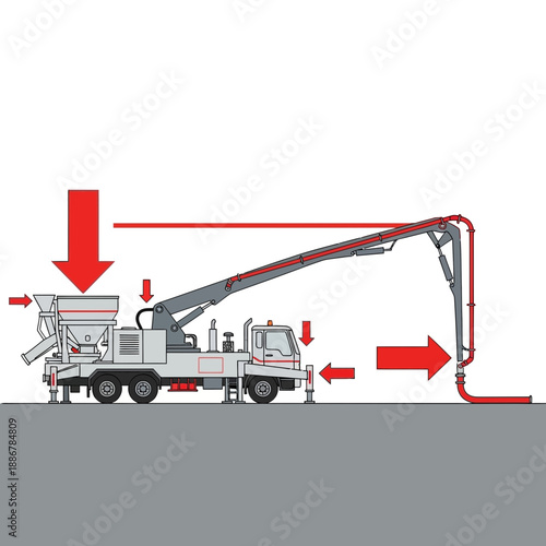 Modern Concrete Pump Truck Operating On Construction Site Industrial Equipment Delivering Fresh Mix