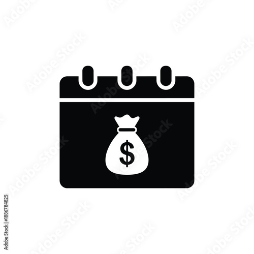 Vector illustration icon a black and white icon of a calendar with a money bag on it, representing financial planning and budgeting