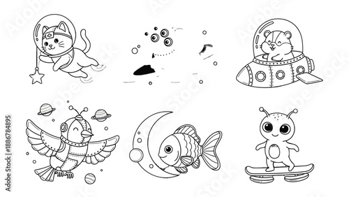 Celestial Creatures: A set of whimsical and delightful cartoon illustrations, featuring an array of adorable animals embarking on cosmic adventures.