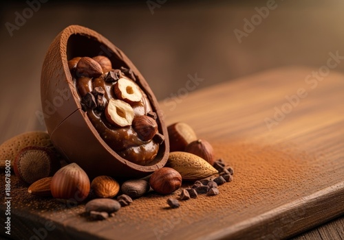 Wallpaper Mural Delicious Chocolate Egg Filled with Hazelnut Cream and Assorted Nuts on Wooden Surface Torontodigital.ca