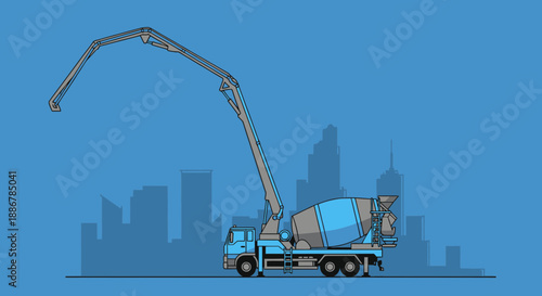 Modern Concrete Pump Truck With Extended Boom Against Urban Skyline Background Vector Illustration