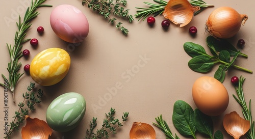 Wallpaper Mural Colorful Easter Eggs Surrounded by Fresh Herbs and Vegetables on Neutral Background Torontodigital.ca