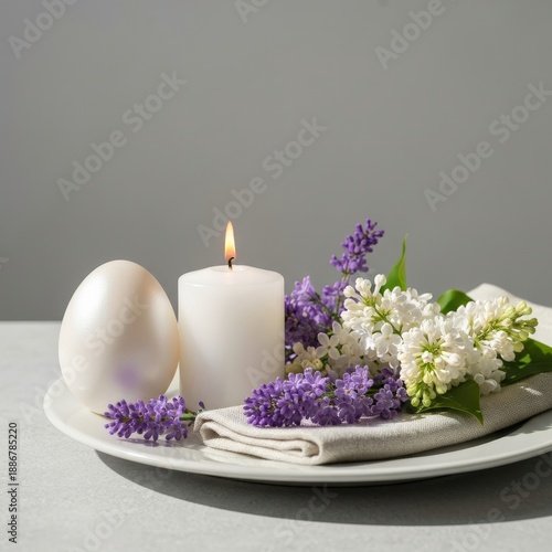 Wallpaper Mural Elegant Table Setting with White Candle, Egg, and Fresh Flowers on Gray Background Torontodigital.ca