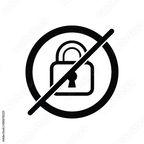 Vector illustration icon a black and white icon of a padlock inside a circle with a diagonal line through it symbolizing forbidden or prohibited access