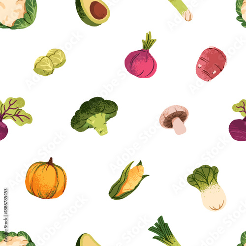 Hand drawn repeatable pattern of different vegetables: pumpkin, corn, cabbage. Endless background of various veggies, agricultural crops and healthy farm food. Flat seamless vector illustration