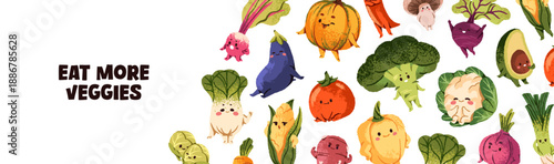 Design of banner with kawaii vegetables characters. Template with cute veggies with different emotions, poses. Layout with funny agriculture crops, farm foods with faces. Flat vector illustration