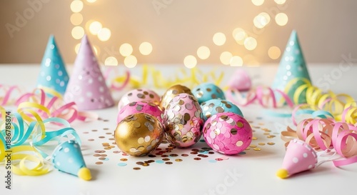 Wallpaper Mural Colorful Party Scene with Decorated Eggs and Festive Party Hats for Celebration Torontodigital.ca