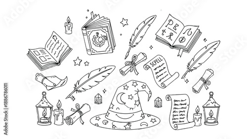 Magical Collection: Enchanting elements of wizardry artfully arranged, sparking the imagination with ancient scrolls, feathered quills, and spell books.