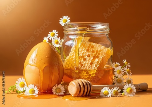 Wallpaper Mural Fresh Honey and Egg with Flowers on a Warm Brown Background in Natural Lighting Torontodigital.ca