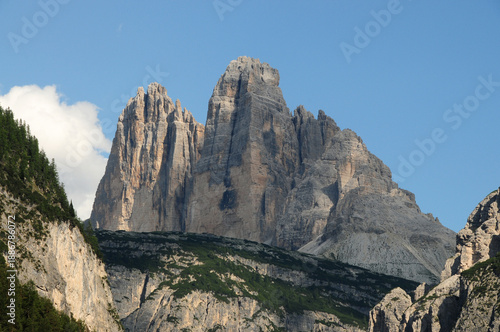 The Tre Cime di Lavaredo Dolomite group seen from Landro valley. Veneto, Italy.