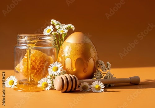 Wallpaper Mural Golden Honey Jar with Dripping Honey and Fresh Flowers on Warm Orange Background Torontodigital.ca