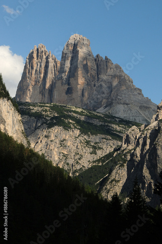 The Tre Cime di Lavaredo Dolomite group seen from Landro valley. Veneto, Italy.