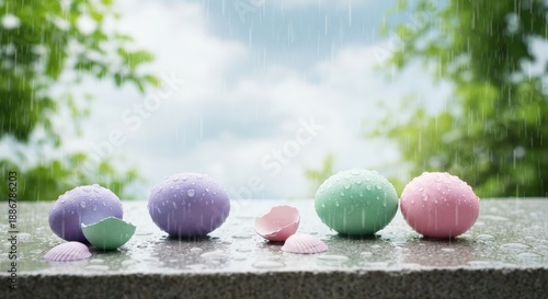 Wallpaper Mural Colorful Eggs with Raindrops on a Wet Surface in a Natural Outdoor Setting Torontodigital.ca