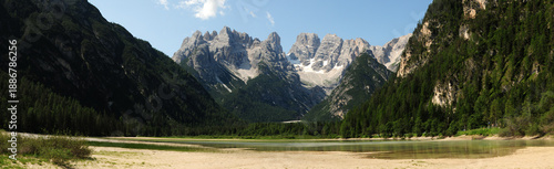 Cristallo Dolomite Group seen from Landro lake. Mount Cristallo near Cortina d'Ampezzo is an iconic peak in the Dolomites. Veneto, Italy.