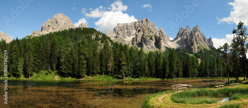 The Cadini Dolomites mountain range seen from Lake Antorno. The Cadini di Misurina are a striking mountain range (Eastern Dolomites) near Lake Misurina and the Tre Cime di Lavaredo. Veneto, Italy.