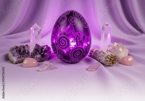 Wallpaper Mural Purple Decorative Egg Surrounded by Crystals and Natural Elements on Satin Background Torontodigital.ca