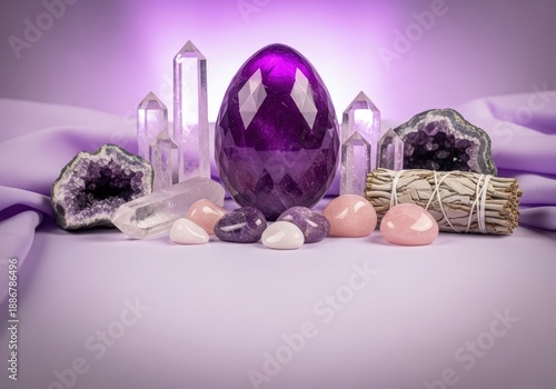 Wallpaper Mural Vibrant Amethyst Egg Surrounded by Crystals and Healing Stones on Soft Lavender Fabric Torontodigital.ca