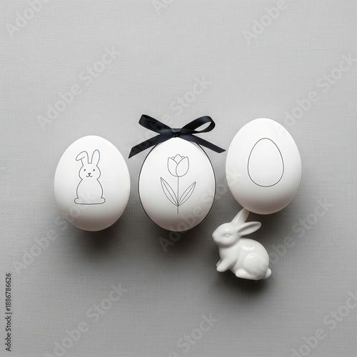Wallpaper Mural Minimalist Easter Decor with White Eggs and Cute Bunny on Soft Gray Background Torontodigital.ca