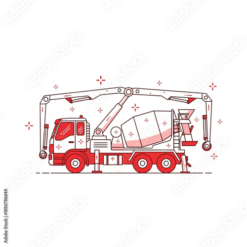 Modern Concrete Pump Truck With Extended Boom Outline Illustration For Construction Industry