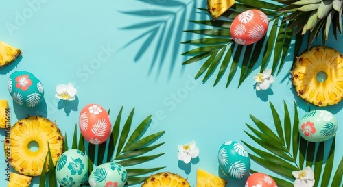 Wallpaper Mural Colorful Easter Eggs with Tropical Fruits and Leaves on Blue Background Torontodigital.ca