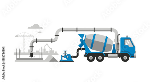 Modern Concrete Pumping Operation At A New Building Construction Site With Mixer Truck And Crane