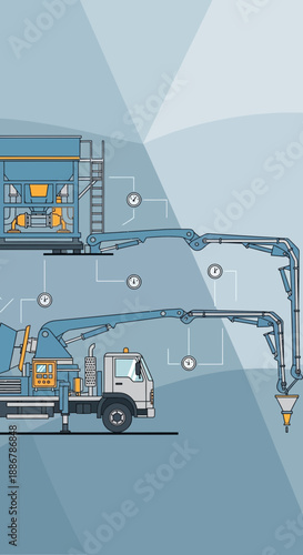 Modern Concrete Pumping Truck And Batching Plant Illustration For Construction Industry